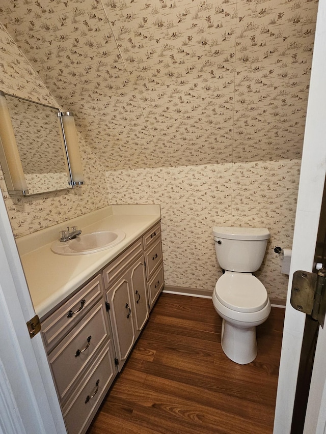 bathroom with hardwood / wood-style floors, vanity, and toilet