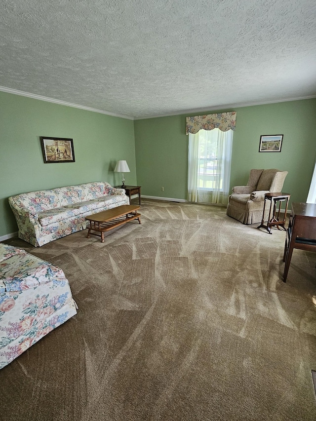 carpeted living room featuring crown molding and a textured ceiling