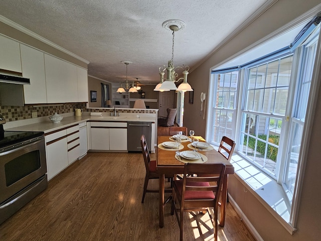 kitchen featuring stainless steel appliances, kitchen peninsula, decorative light fixtures, decorative backsplash, and white cabinets