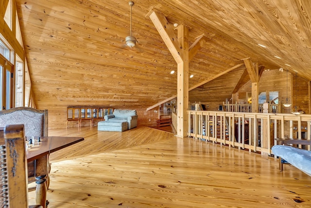 bonus room featuring wood ceiling, high vaulted ceiling, wood walls, and wood-type flooring