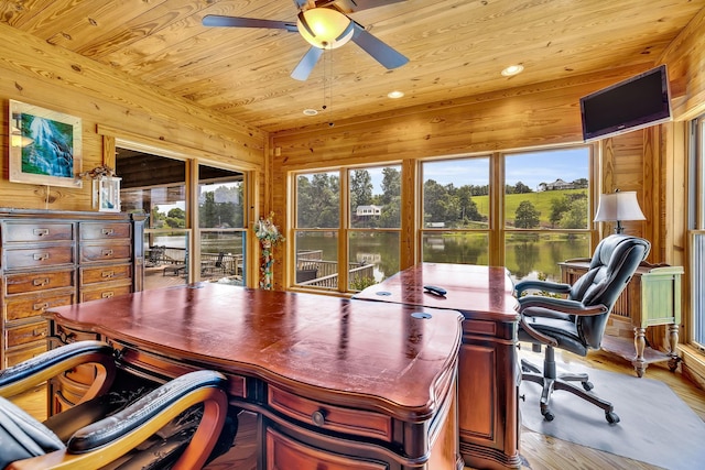 office with wooden ceiling, wood walls, ceiling fan, and light hardwood / wood-style flooring