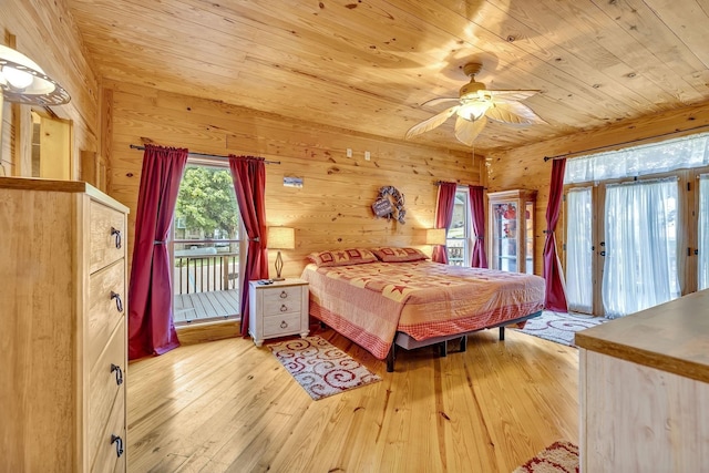 bedroom with wood ceiling, light hardwood / wood-style floors, ceiling fan, wooden walls, and access to outside