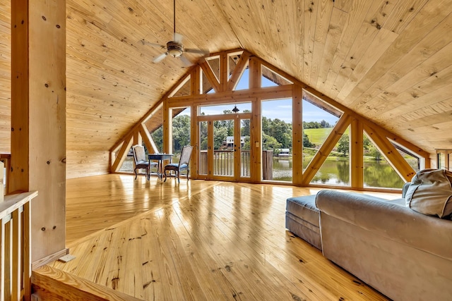 unfurnished living room with wooden ceiling, plenty of natural light, light hardwood / wood-style flooring, and a water view