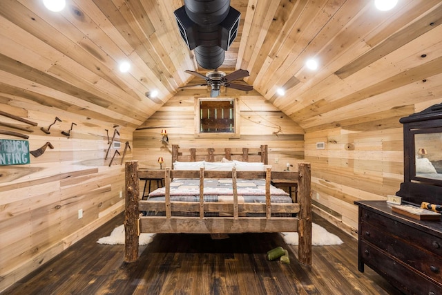 bedroom featuring lofted ceiling, wood ceiling, and wood walls