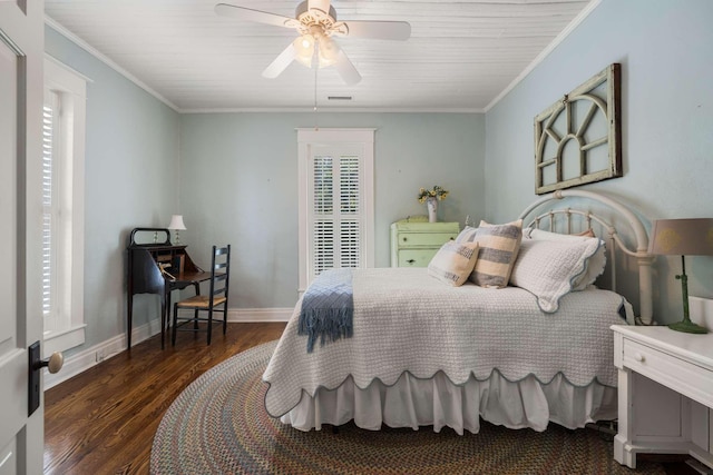 bedroom with ceiling fan, ornamental molding, and dark hardwood / wood-style floors