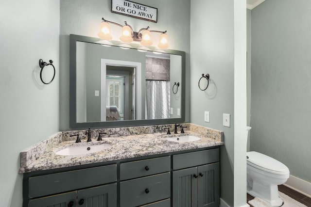 bathroom with vanity, toilet, and curtained shower