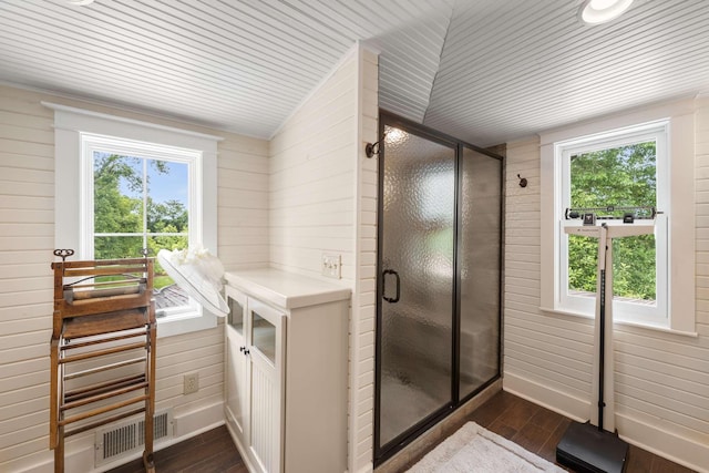 bathroom with wooden walls, a healthy amount of sunlight, a shower with door, and hardwood / wood-style floors