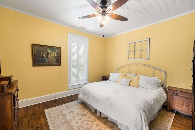 bedroom featuring crown molding, wooden ceiling, dark hardwood / wood-style floors, and ceiling fan