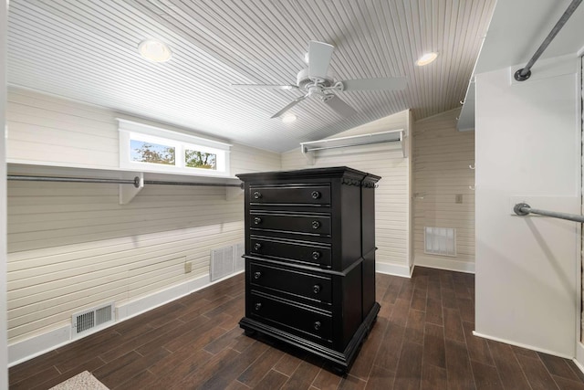 walk in closet featuring lofted ceiling and dark wood-type flooring