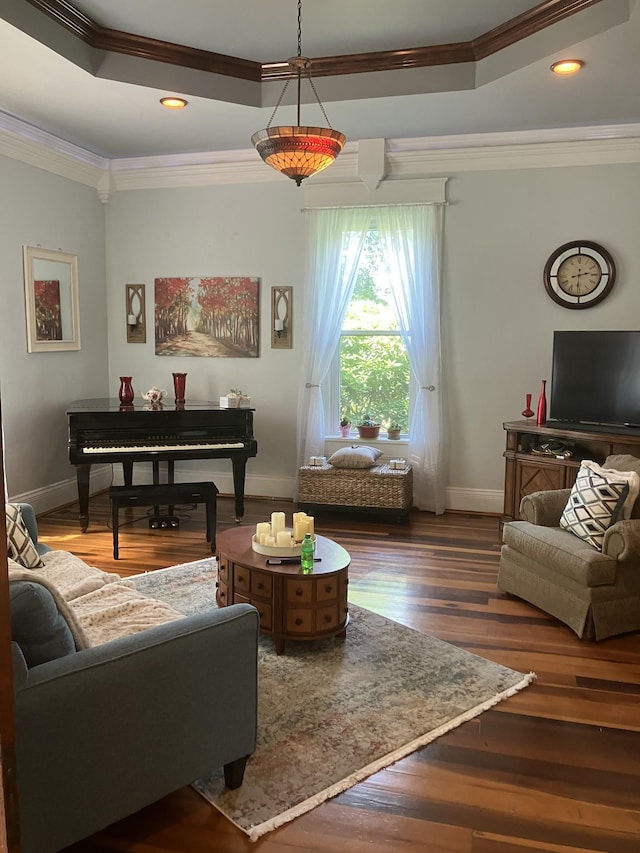 living room featuring dark hardwood / wood-style flooring, a raised ceiling, and crown molding