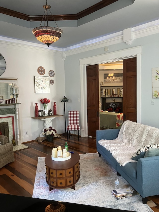 living room with a tray ceiling, crown molding, and dark wood-type flooring