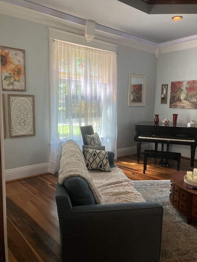 living room with wood-type flooring and ornamental molding