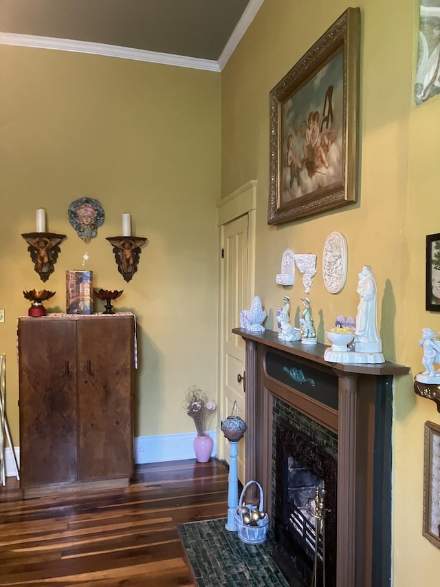 living area with dark hardwood / wood-style flooring and ornamental molding