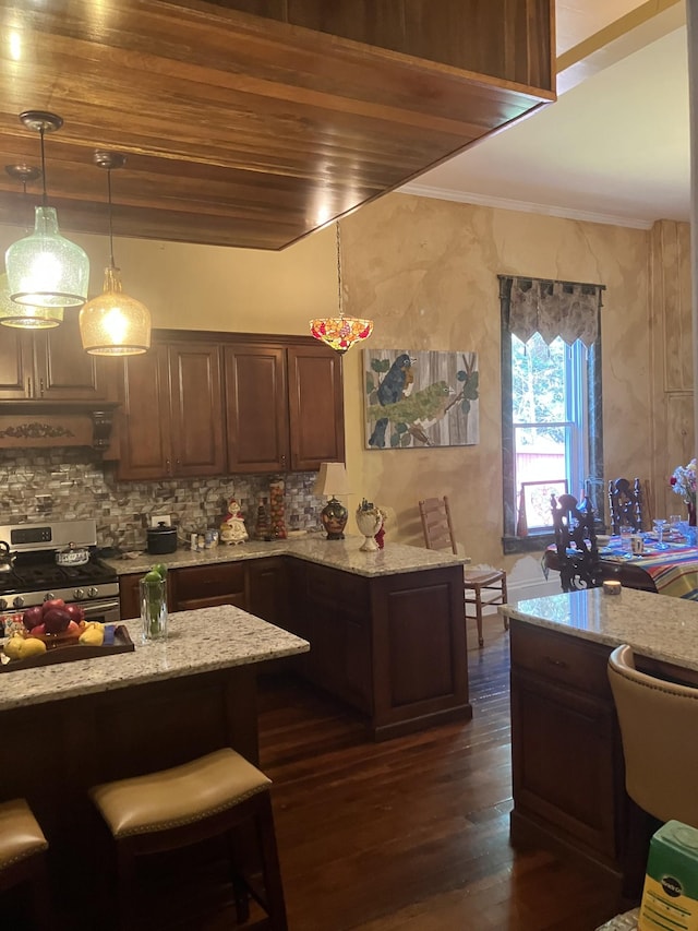 kitchen featuring light stone countertops, wood ceiling, decorative light fixtures, stainless steel range oven, and dark hardwood / wood-style floors