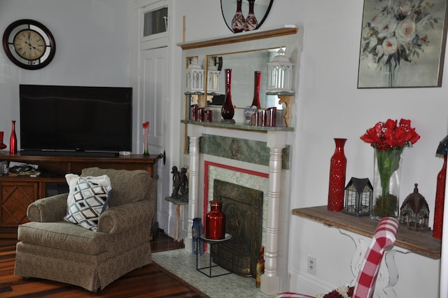 living room featuring a premium fireplace and hardwood / wood-style floors