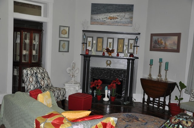 living area featuring a fireplace and wood finished floors