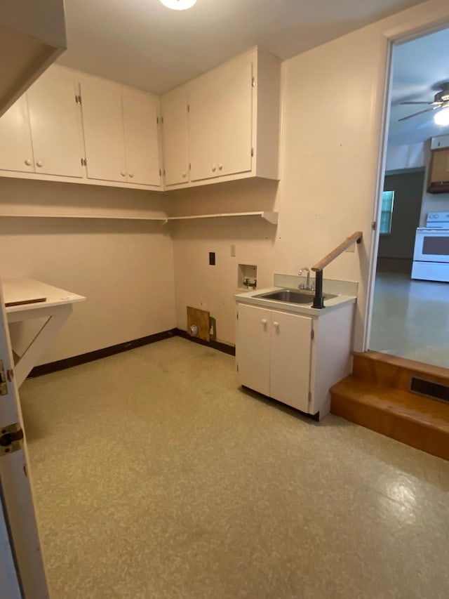 laundry room featuring cabinets, ceiling fan, hookup for a washing machine, and sink