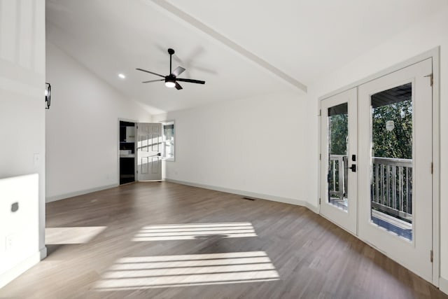 unfurnished living room featuring french doors, a ceiling fan, wood finished floors, high vaulted ceiling, and baseboards