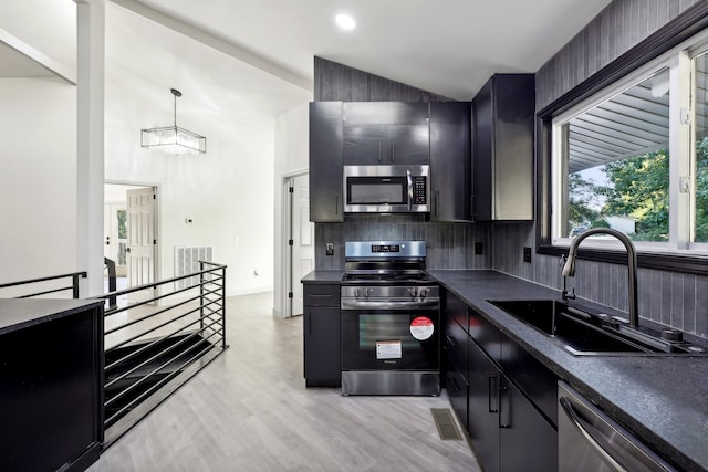 kitchen featuring dark countertops, appliances with stainless steel finishes, decorative backsplash, and a sink