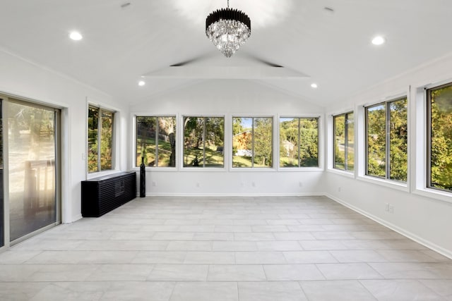 unfurnished sunroom with lofted ceiling and a notable chandelier