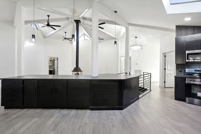 kitchen featuring a skylight, appliances with stainless steel finishes, light wood finished floors, and dark cabinets