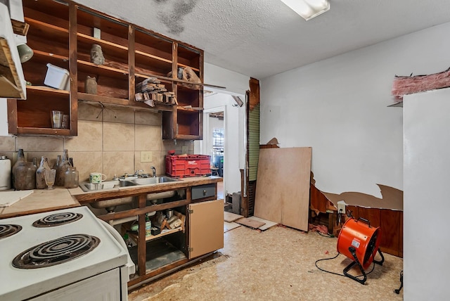 kitchen featuring tasteful backsplash, sink, electric range, and a textured ceiling