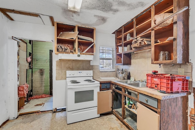 kitchen featuring tasteful backsplash, white electric stove, sink, and a textured ceiling