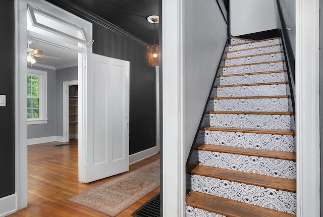 stairs with hardwood / wood-style flooring, ceiling fan, and ornamental molding