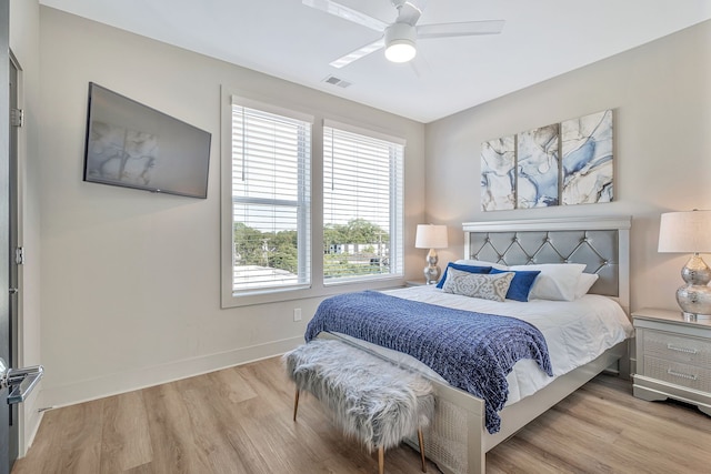 bedroom featuring ceiling fan and light hardwood / wood-style flooring