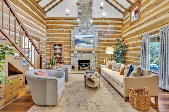 living room featuring hardwood / wood-style flooring, lofted ceiling, and wooden walls