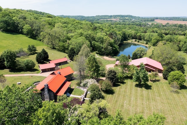 drone / aerial view featuring a water view and a rural view