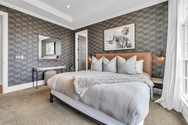 bedroom with crown molding and carpet