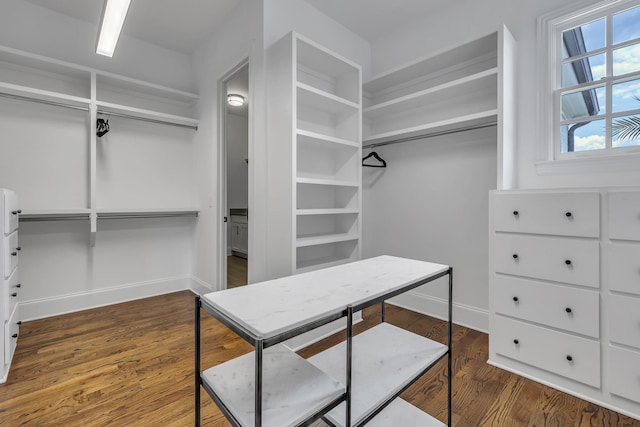 walk in closet with dark wood-type flooring