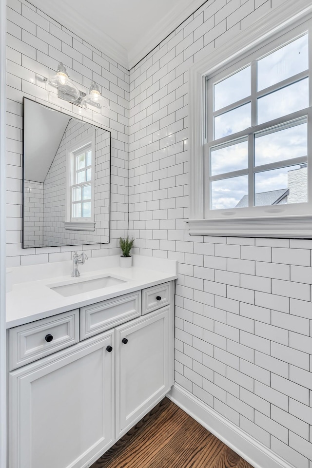 bathroom featuring a wealth of natural light, vanity, wood-type flooring, and ornamental molding