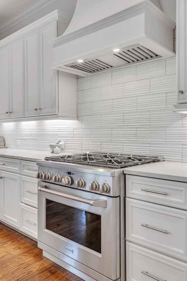 kitchen with stainless steel range, custom range hood, backsplash, and white cabinetry