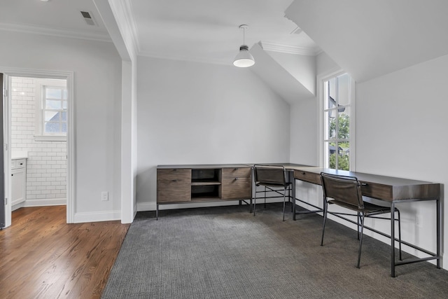 home office featuring crown molding and dark hardwood / wood-style flooring