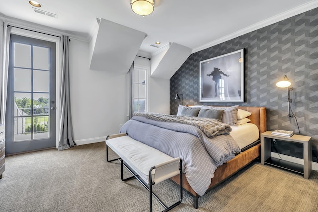 bedroom with access to exterior, light colored carpet, and ornamental molding