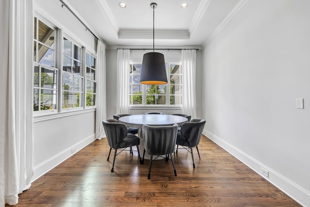 dining area with dark hardwood / wood-style floors, a raised ceiling, plenty of natural light, and crown molding