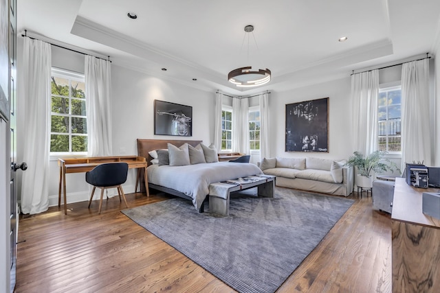 bedroom with dark hardwood / wood-style flooring, multiple windows, and a tray ceiling