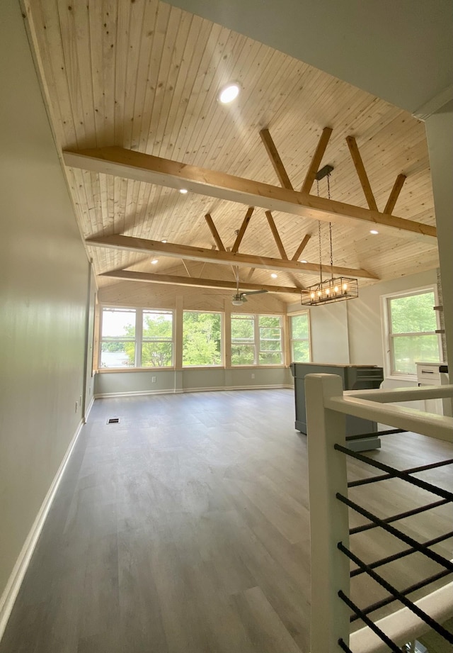 unfurnished living room with lofted ceiling with beams and wood ceiling