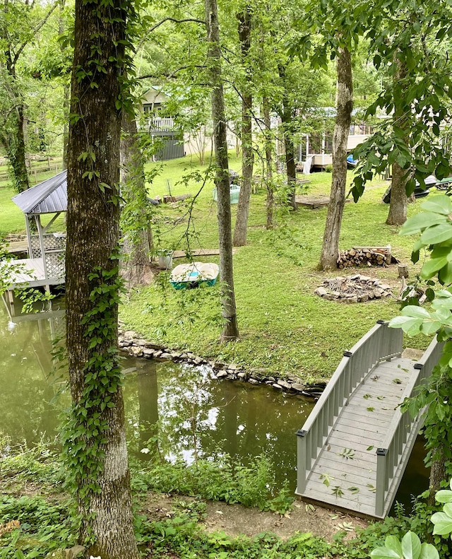 dock area with a yard and a water view