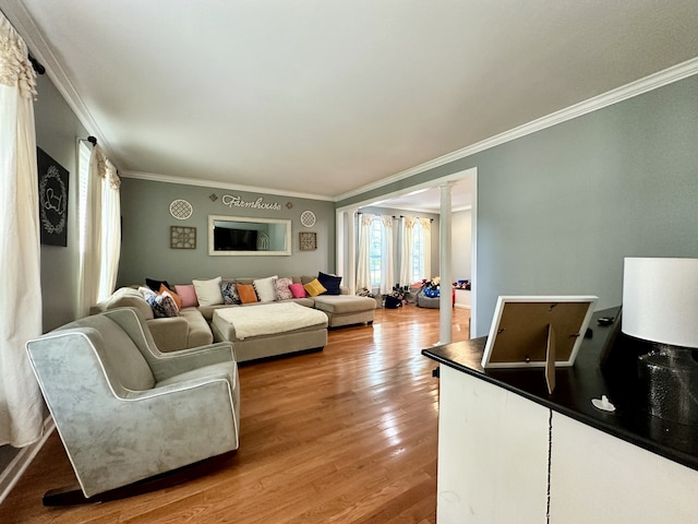 living room with crown molding, decorative columns, and light wood-type flooring