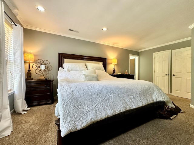 bedroom with carpet and ornamental molding