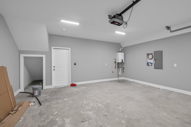 garage featuring a garage door opener, electric panel, and water heater