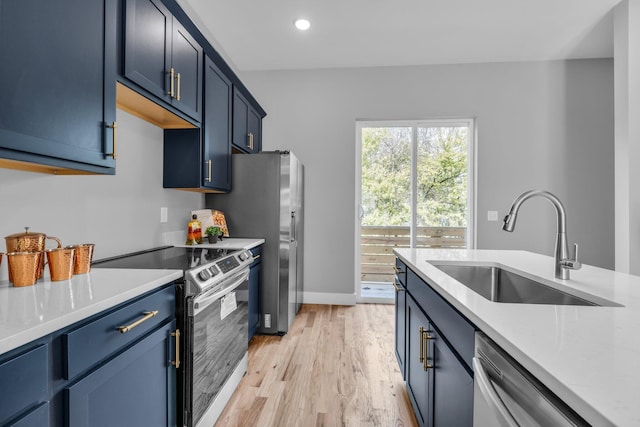 kitchen with sink, electric range, light hardwood / wood-style floors, stainless steel dishwasher, and blue cabinetry