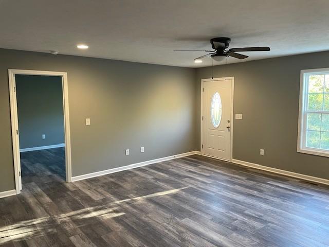 entrance foyer with baseboards, recessed lighting, a ceiling fan, and dark wood-type flooring
