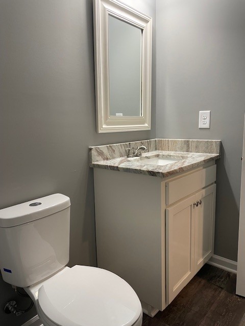 bathroom with vanity, hardwood / wood-style flooring, and toilet