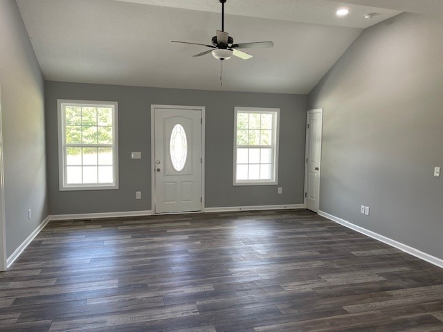 foyer entrance featuring ceiling fan, a healthy amount of sunlight, dark wood-type flooring, and vaulted ceiling