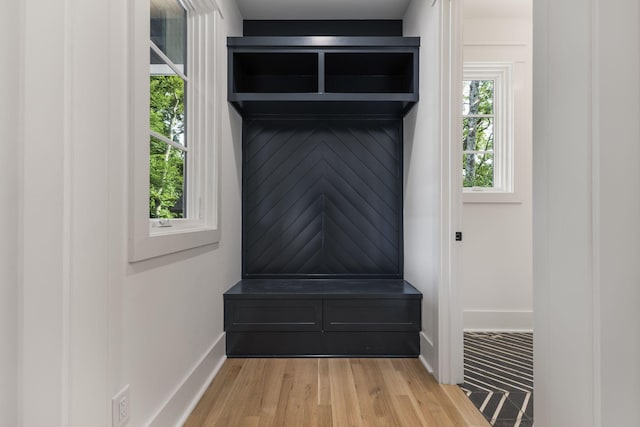 mudroom with a healthy amount of sunlight and light hardwood / wood-style flooring