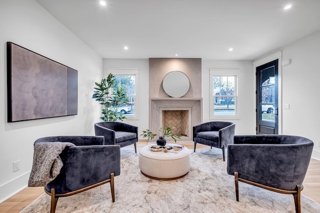 living room with a high end fireplace and light hardwood / wood-style flooring